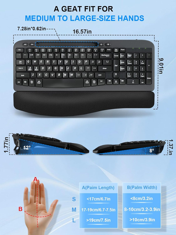 Wireless Keyboard and Mouse Combo, Wave Keys Computer Ergonomic Keyboard with Cu2