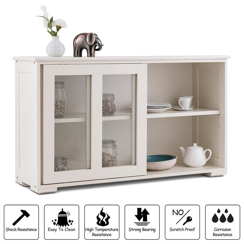 Off-White Kitchen Sideboard Buffet Storage Cabinet with Glass Sliding Doors5