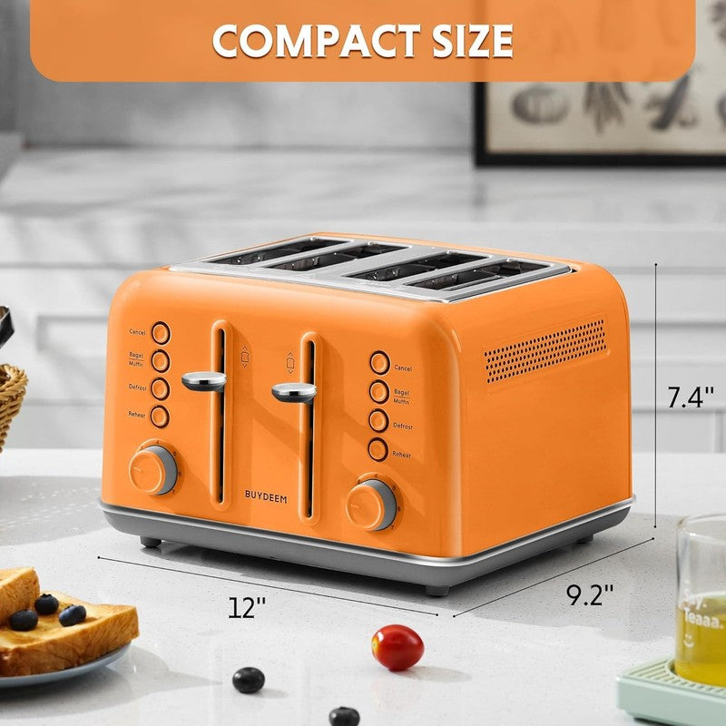 Retro 4 Slice Toaster 1800W Extra Wide Slots 7 Shade Bagel Stainless Orange5