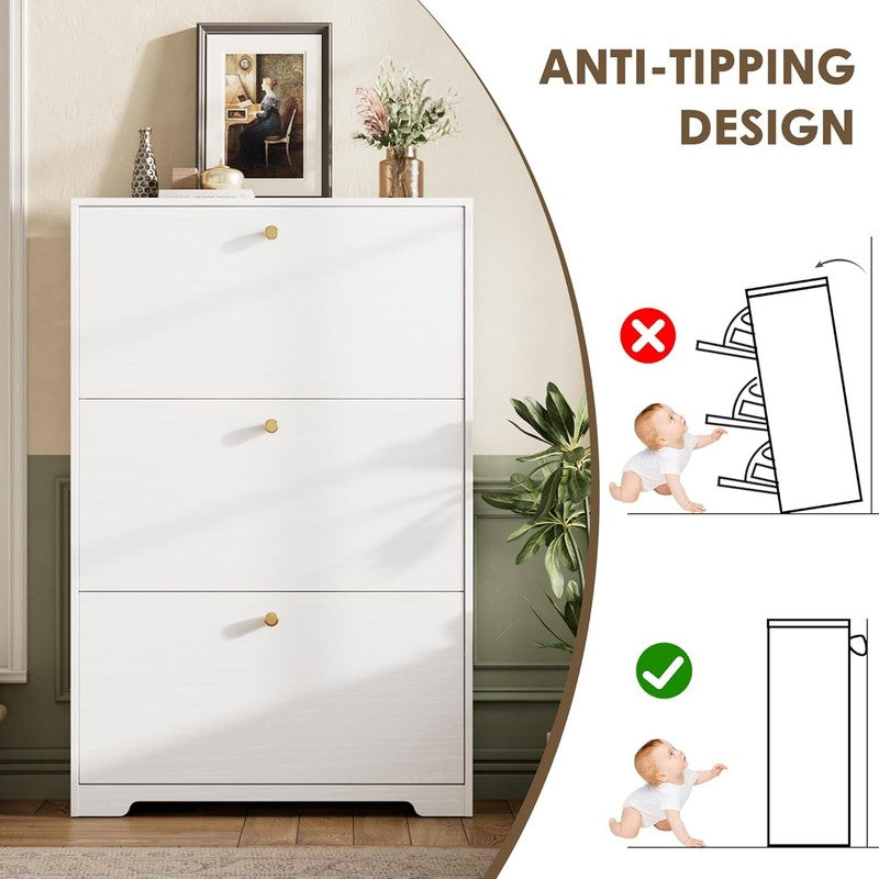 47'' Shoe Cabinet 3 Flip Drawers Narrow Organizer Freestanding Entryway White8