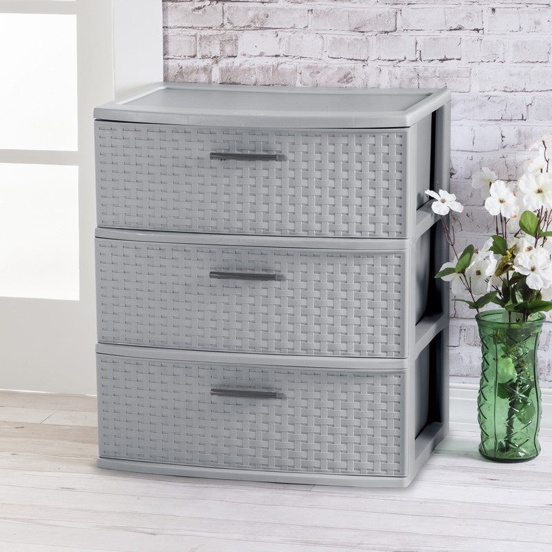 3 Drawer Wide Weave Tower, Plastic Décor Drawers with Pull Handles, Light Gray3