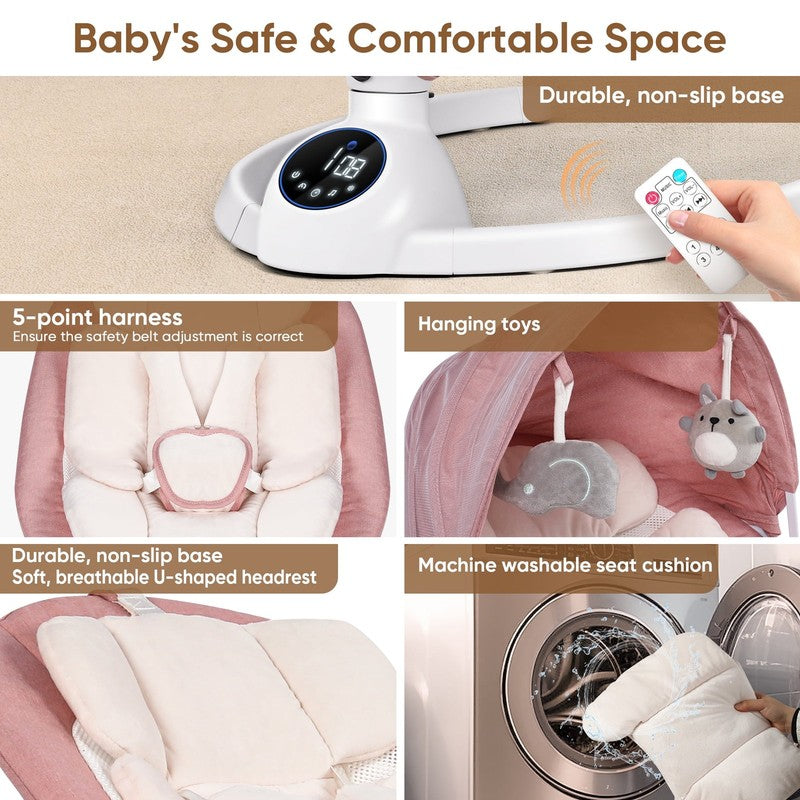 Baby Swing for Infants Bluetooth Control 5 Point 5 Speeds 10 Lullabies Pink6