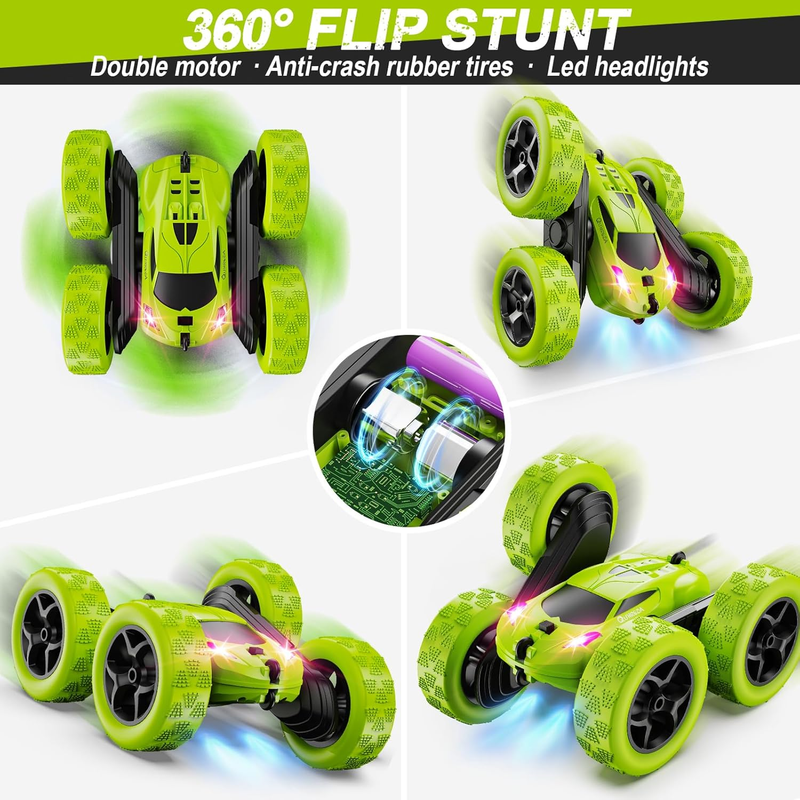 Kids RC Stunt Car 4WD Double Sided 360° Rotating Remote Control Green3