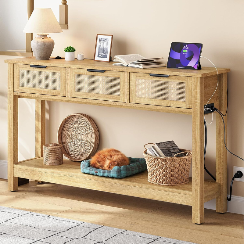 47'' Entryway Console Table Natural with USB-C & Outlets 3 Rattan Drawers0