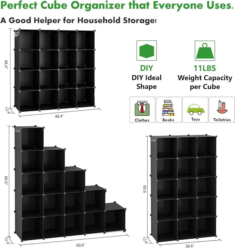 16 Cube Storage Organizer, Modular Plastic Closet Shelve Unit, Black 48.4"x48.4"2