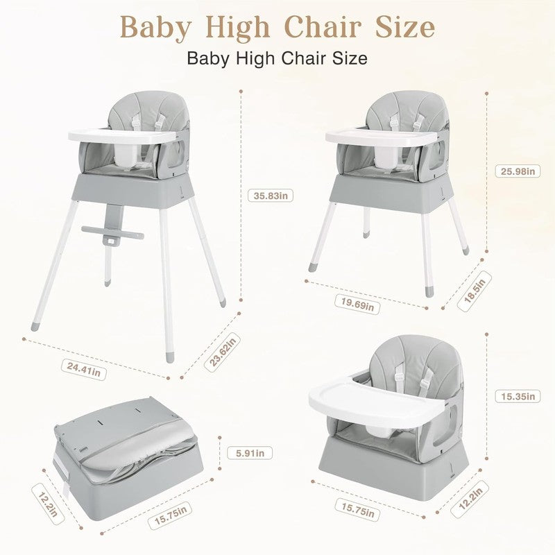 5 in 1 Foldable Baby High Chair Toddler Booster Seat w/ Tray & Harness Grey5