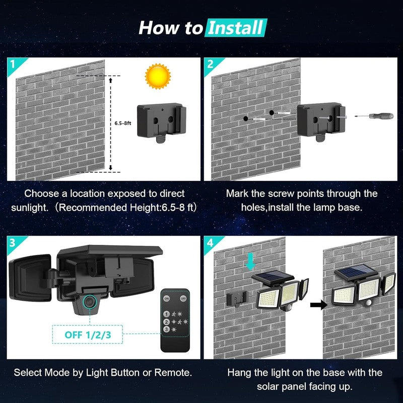 2500LM Solar Outdoor Lights with Remote, 3 Head Motion Sensor, 2 Packs5