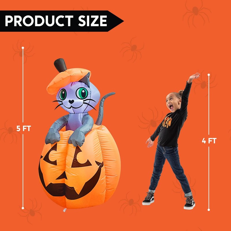 5Ft Halloween Inflatable Animated Kitty on Pumpkin Yard Lawn Decoration4