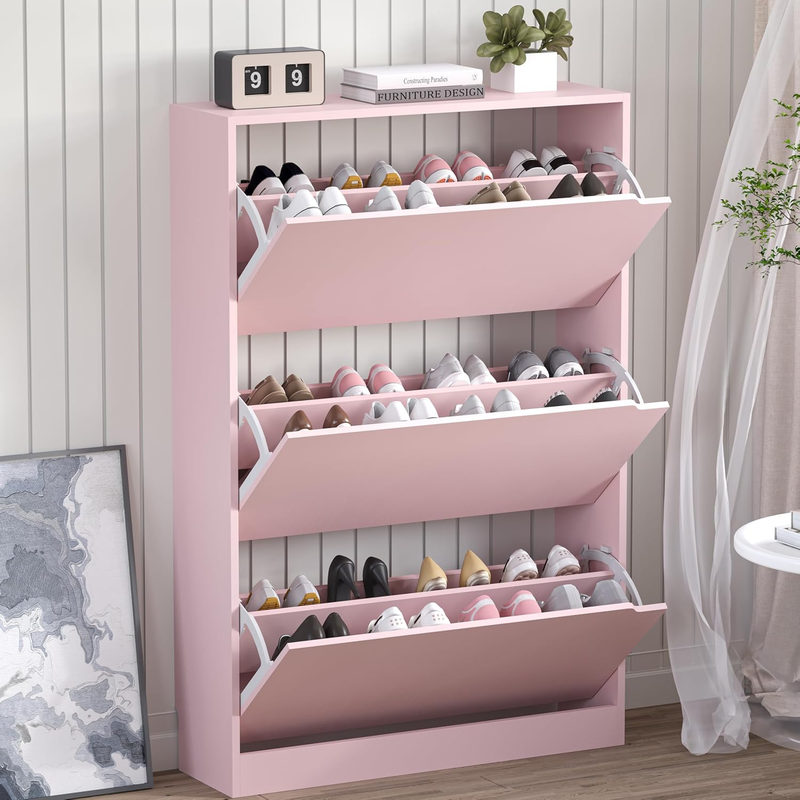 47.2'' Shoe Cabinet 3 Flip Drawers Freestanding Entryway Hallway White/Pink7