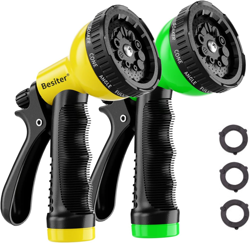 Heavy Duty Garden Hose Nozzle Sprayer - 10 Patterns, 2 Pack, Yellowgreen9