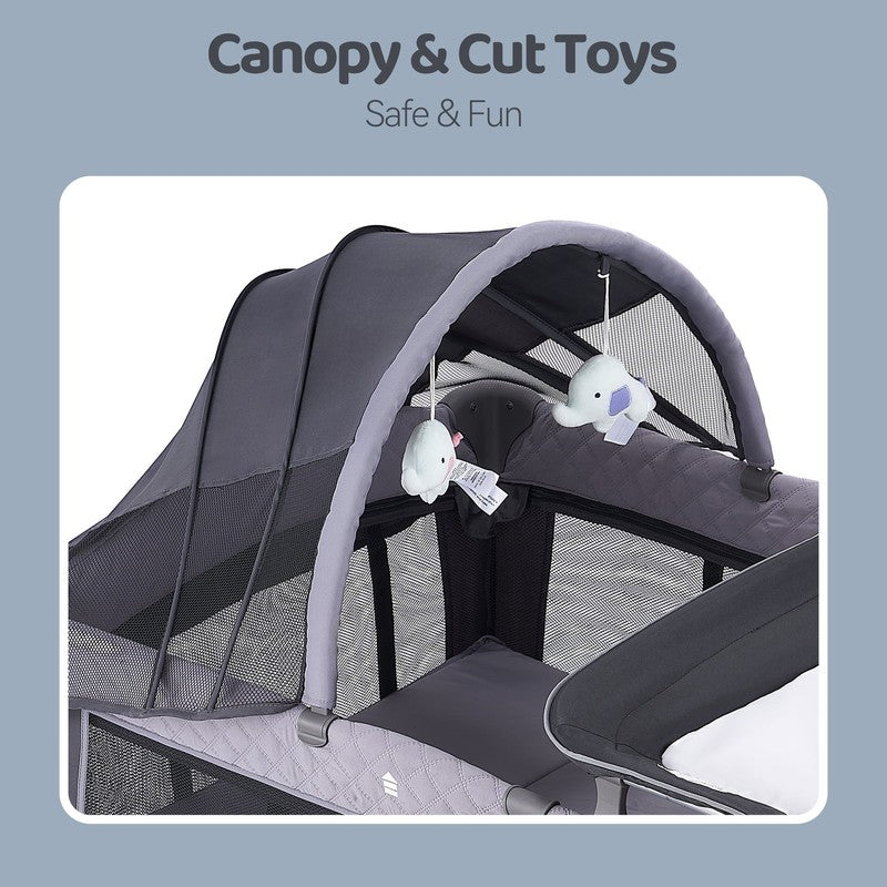 Unisex Portable Baby Play Yard Grey w/ Wheels Canopy Changing Table Newborn4