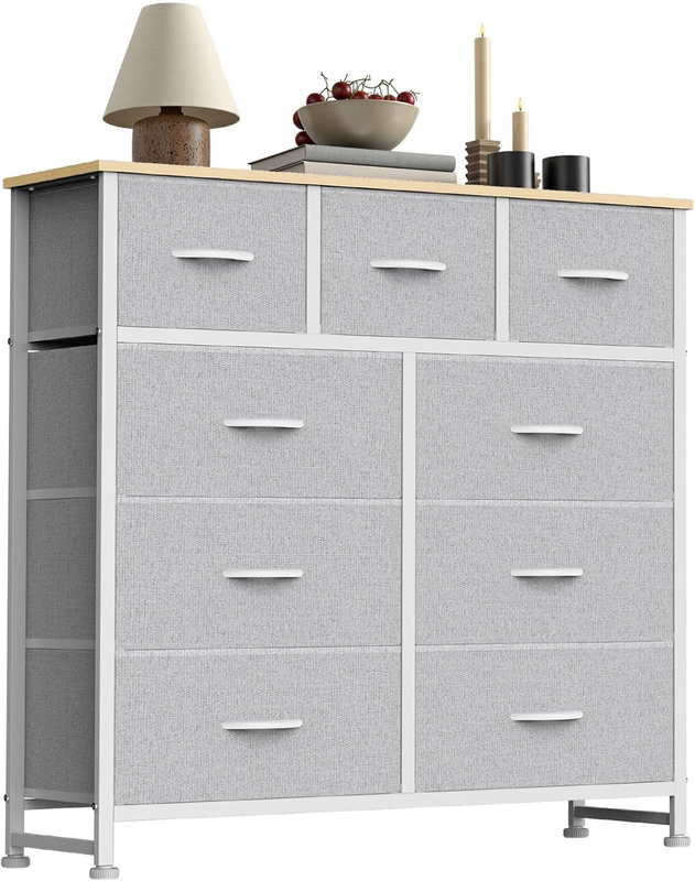 9 Drawer Fabric Dresser Storage Tower Steel Frame Wood Top Light Gray7