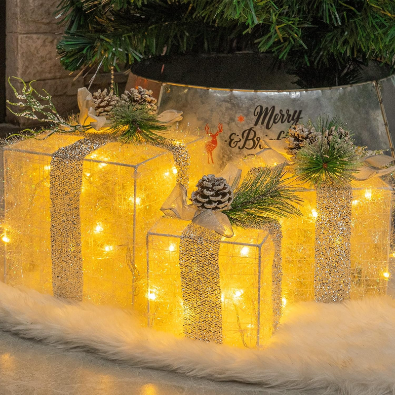 Set of 3 Christmas Lighted Gift Boxes, Pre-Lit 60 LED Light up Present Boxes Orn7