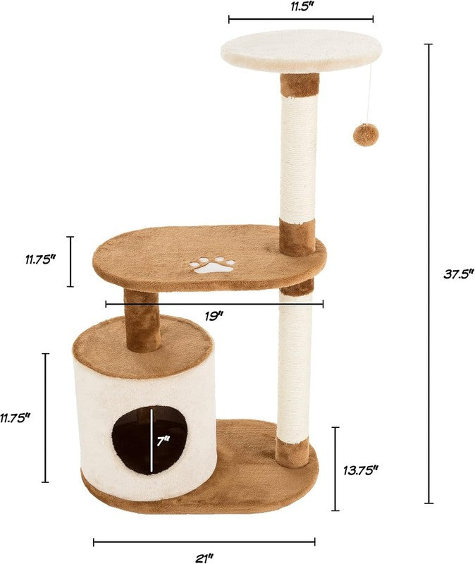 3 Tier Cat Tree Condo with Scratching Posts   37.5" Brown & Tan1