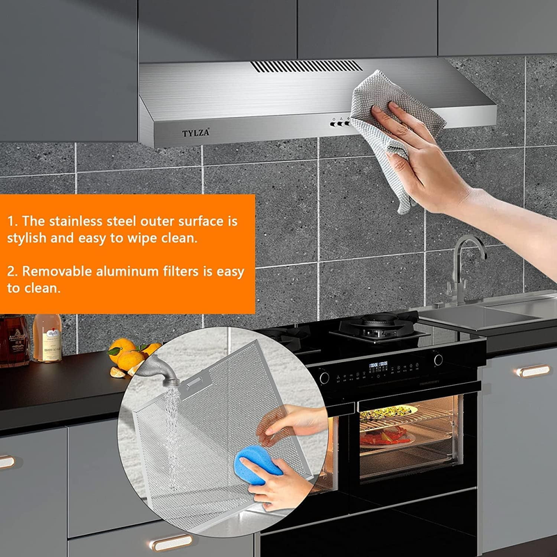 Tylza 30" 600CFM Stainless Steel Under Cabinet Range Hood LED Charcoal Filter2