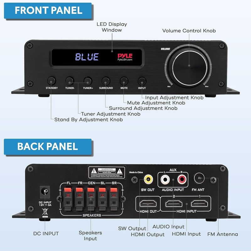 100W 5 Channel Bluetooth Home Audio Amplifier with HDMI & Subwoofer Input1