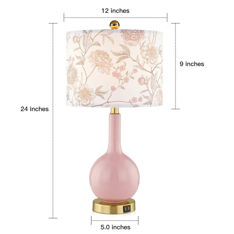 Pink Ceramic Touch Control Table Lamp with USB Ports - 24" Floral Shade4