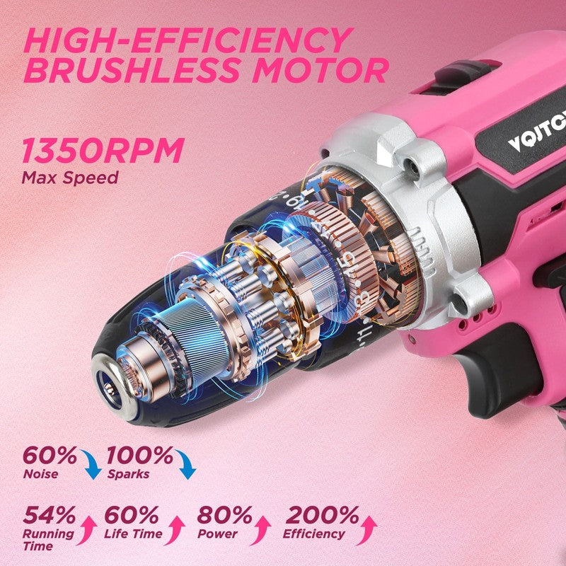 21V Cordless Drill Set 2Ah Battery 25+1 Torque 2-Speed Keyless Chuck Pink3