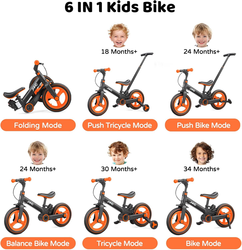6-in-1 Toddler Bike 12" Balance Bike Push Handle Training Wheels Kids1