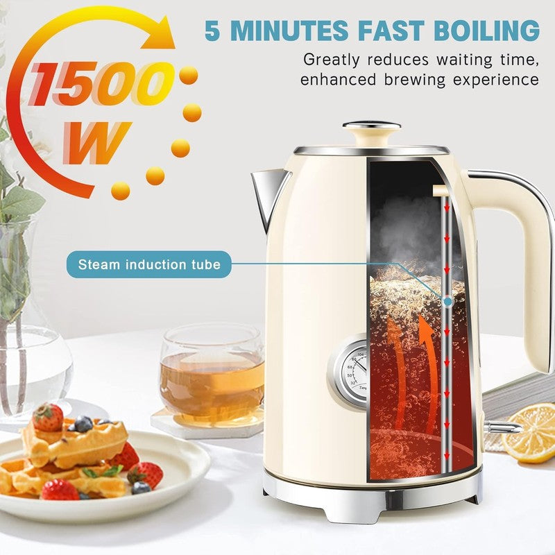 Electric Kettle 57Oz 1500W Stainless Steel Fast Boil w/ Thermometer Beige3
