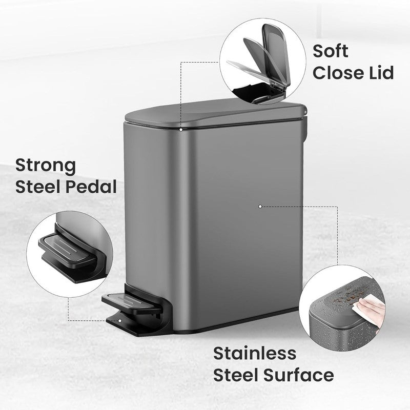 1.6 Gal Gray Bathroom Trash Can w/ Lid, Pedal, Soft Close, Stainless Steel3