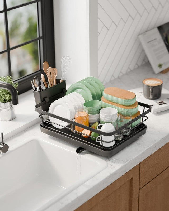 Stainless Steel Dish Drying Rack with Cutlery Holder   Black Kitchen Organizer3
