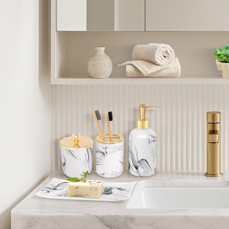 Marble Look Bathroom Accessories Set - 4 Pcs Soap Dispenser & Toothbrush Holder1