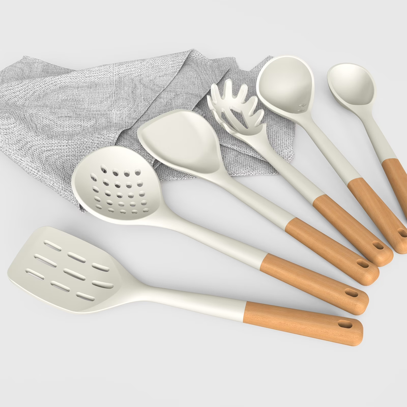 Large Silicone Kitchen Utensil Set Wooden Handle Heat Resistant Warm White1