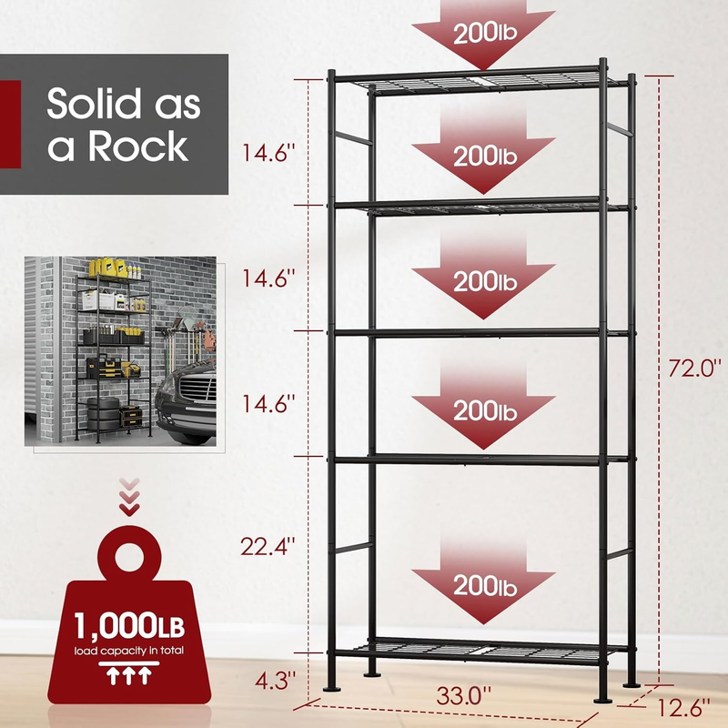Storage Shelves   5 Tier Shelf Organizer, Heavy Duty Garage Shelving Unit with L1