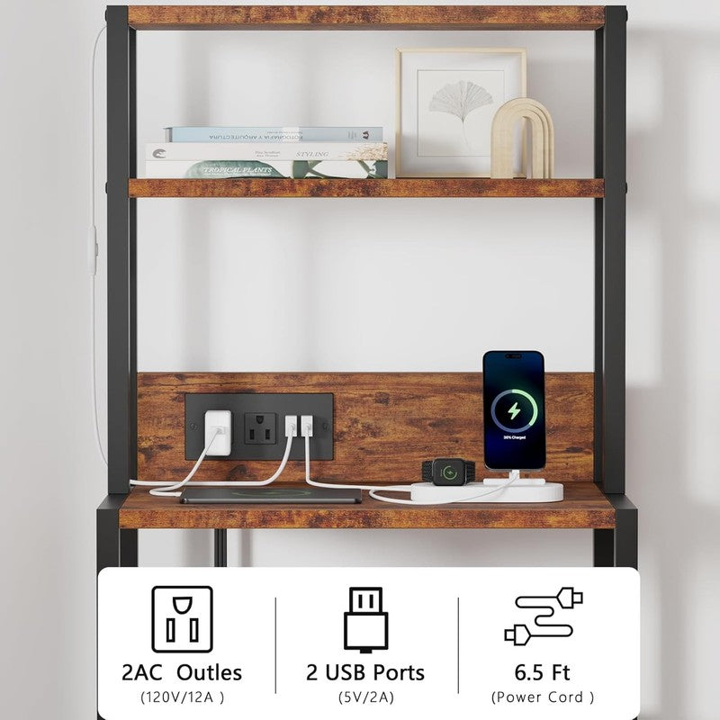 Tall Nightstand 4 Tier w/ 2 Fabric Drawers & Charging Station Rustic Brown5