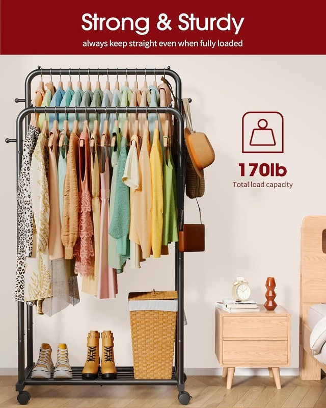Clothes Rack with Double Rods, Mesh Shelf & Wheels, Metal Garment Rack Black3