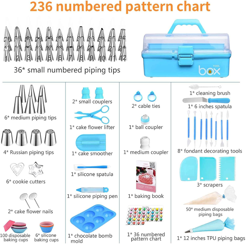 236 Pc Cake Decorating Tools Kit w/ Storage Case Piping Bags Icing Tips Blue1