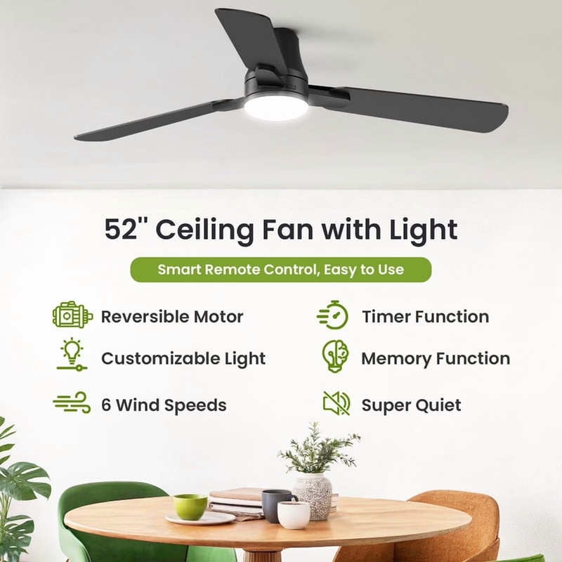 52in Ceiling Fan with Light Remote Flush Mount Indoor Outdoor Modern4