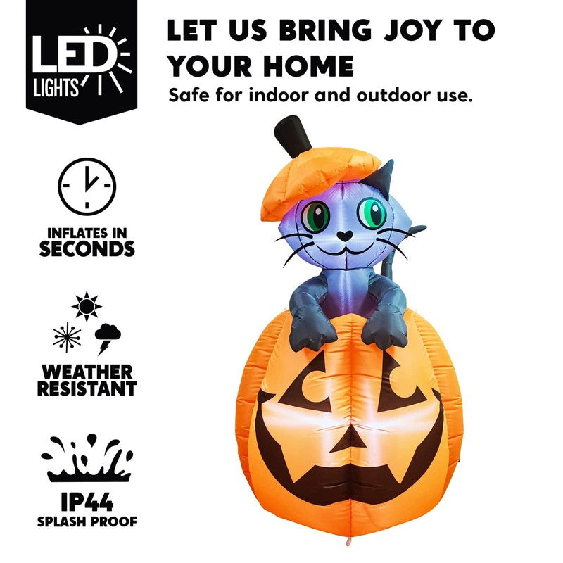 5Ft Halloween Inflatable Animated Kitty on Pumpkin Yard Lawn Decoration2