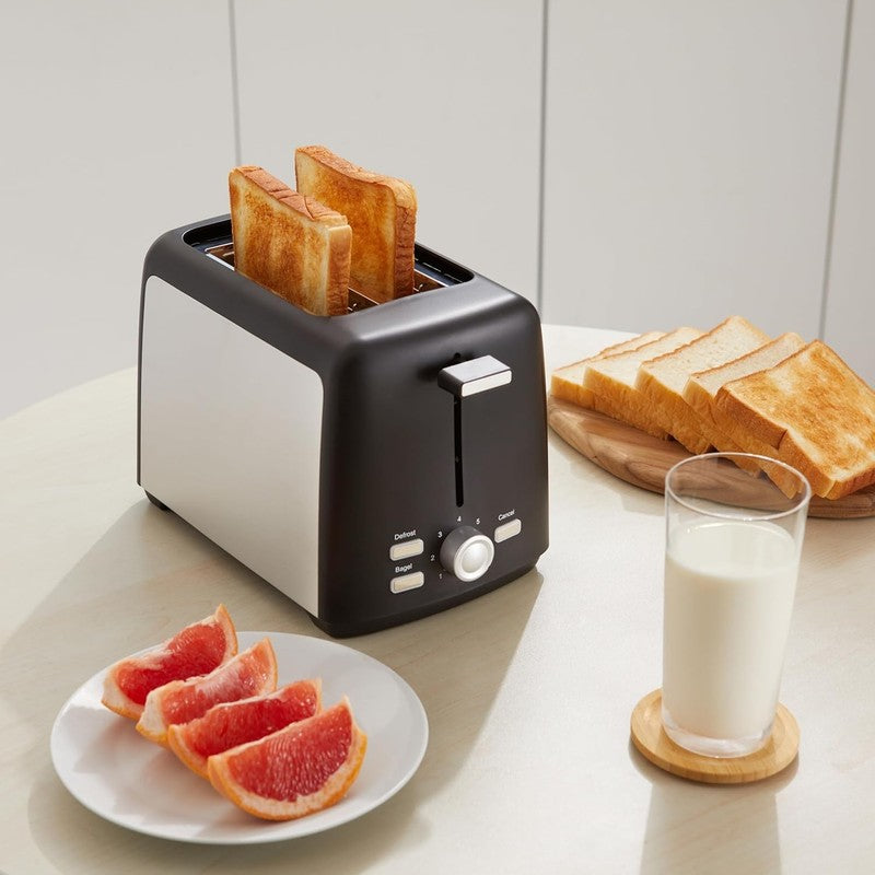 2 Slice Toaster Black & Silver - Wide Slots, 7 Shades, Bagel, Defrost, 800W5