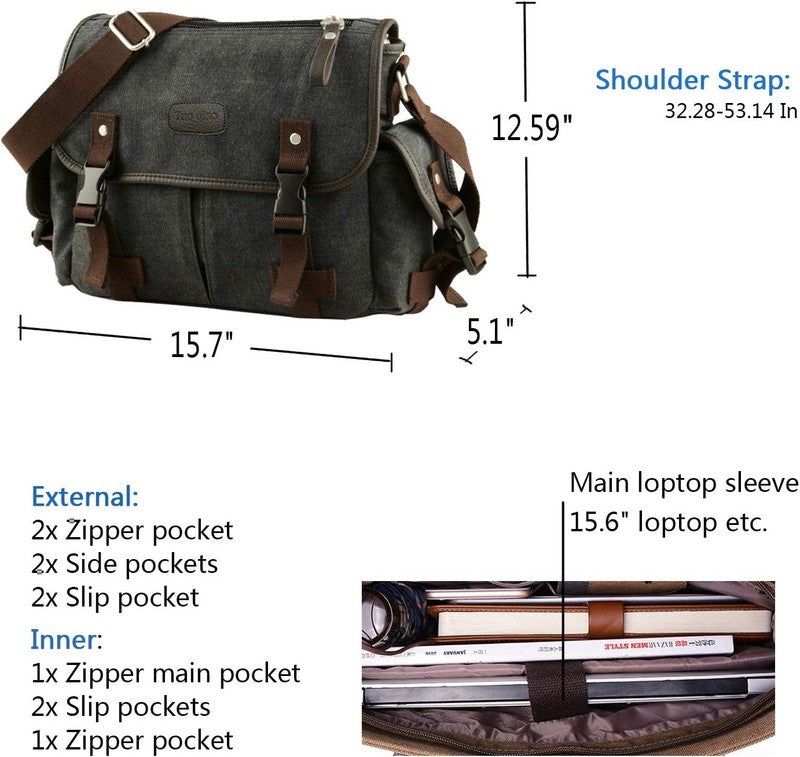 Vintage Canvas Bag Laptop Shoulder Bag Men Women Black XL 13 15.6 17 Inch4