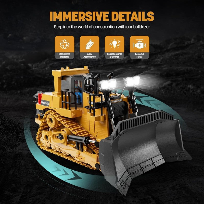 Metal RC Bulldozer Toy for Kids | 9 Channel Remote Control Track Type Tractor wi5