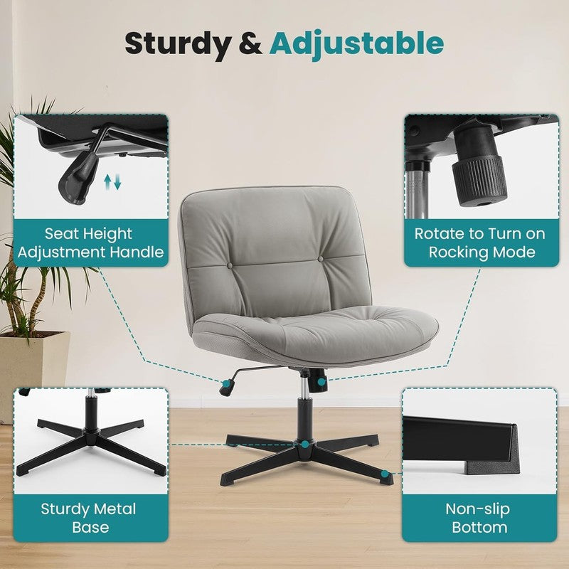 Armless Criss Cross Office Chair Gray PU Leather Swivel No Wheels Desk Chair4