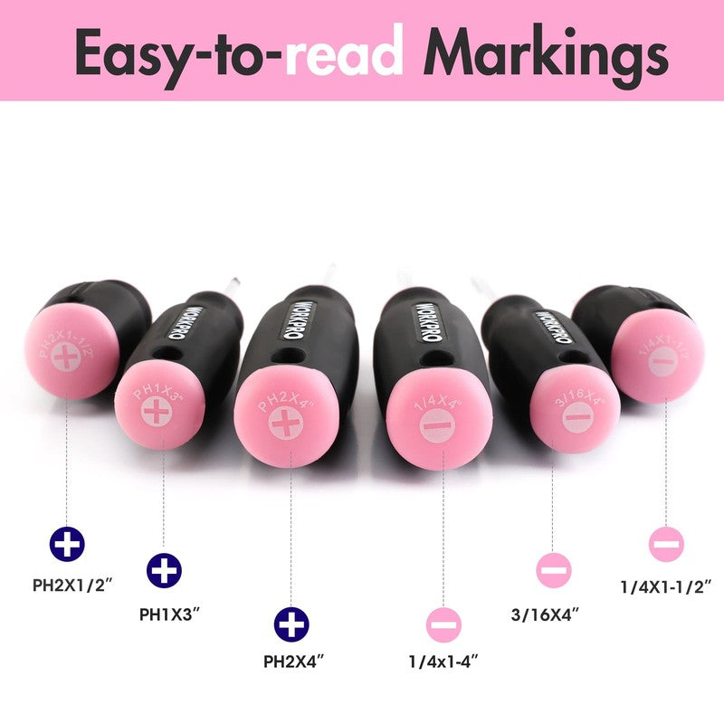 6Pc Pink Magnetic Screwdriver Set Phillips Slotted CR V Stubby Hand Tool Kit5