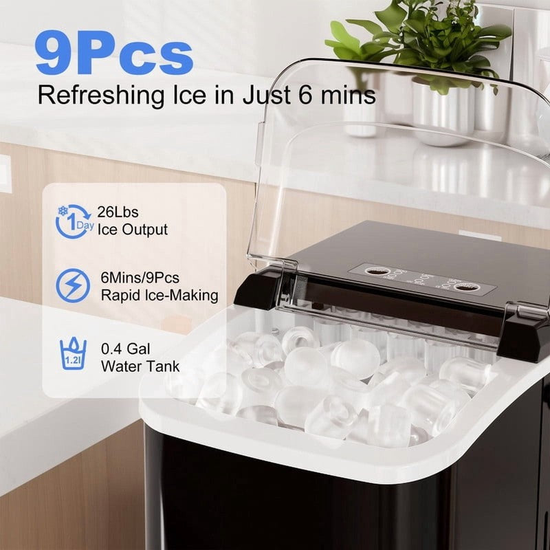 Countertop Ice Maker, 9 Bullet Ice Cubes in 6 Mins, 26Lbs/24H, W/ Scoop & Basket3