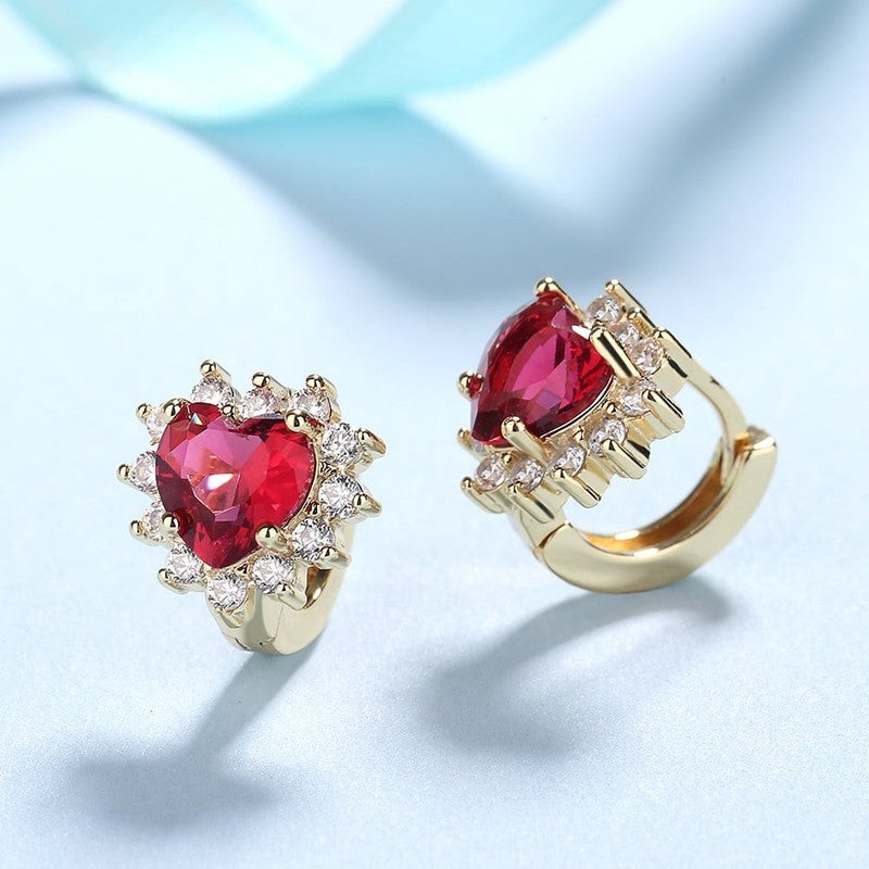 18K Gold Plated Ruby Heart Huggie with Omega Back Closure3
