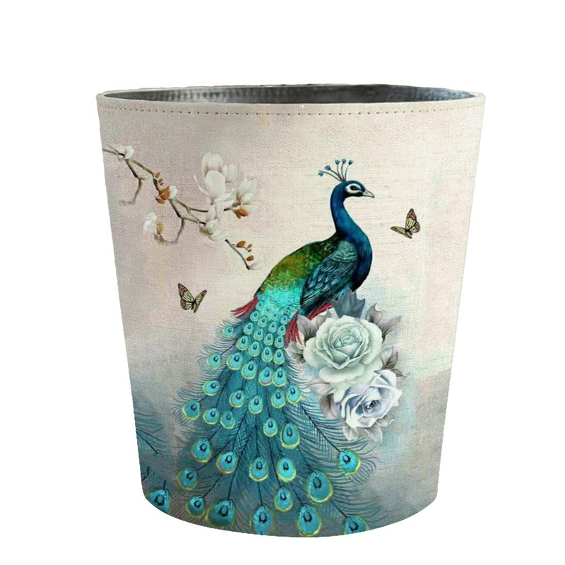 10L PU Leather Trash Can, Waterproof, Peacock Pattern, Decorative Wastebasket8