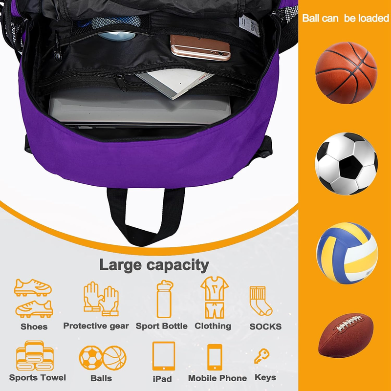 Soccer Basketball Backpack w/ Ball & Shoe Compartment Sports Travel Bag3