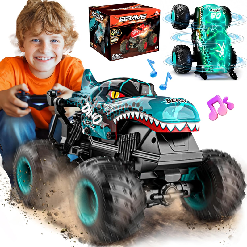 RC Monster Truck Toy Dinosaur Car Light Music 30° Spin Drifting Kids Blue8
