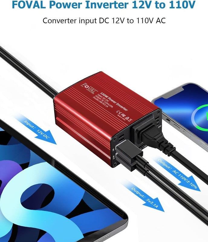 150W Car Power Inverter 12V DC to 110V AC with Dual USB Charger   Classic Red1