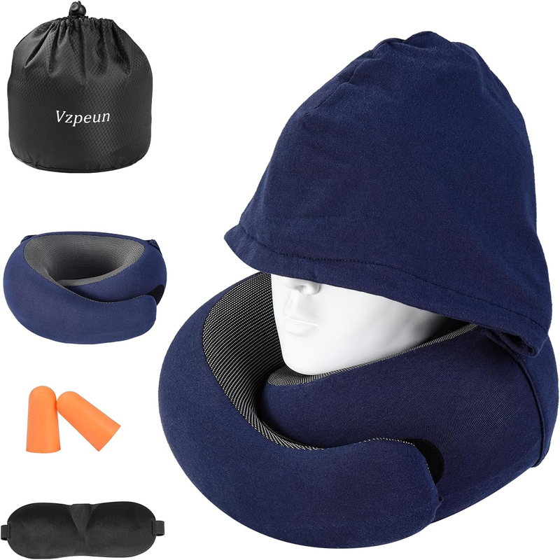 Hooded Memory Foam Travel Neck Pillow w/ Eye Mask & Earplugs – Navy Blue6