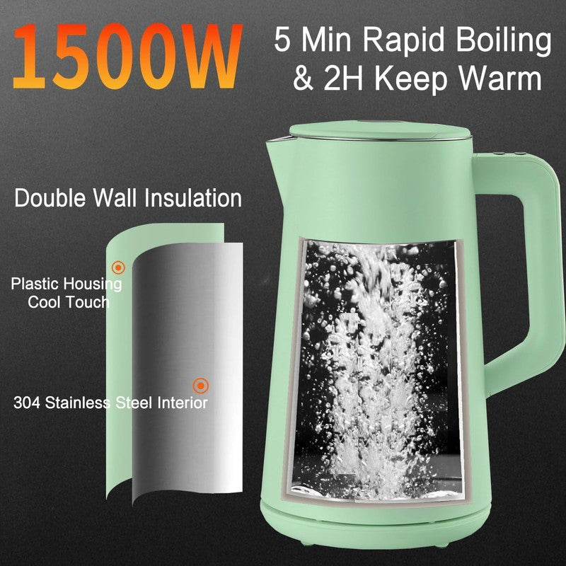Electric Kettle 1.5L Stainless Steel Double Wall 5 Temp LED Keep Warm Green3