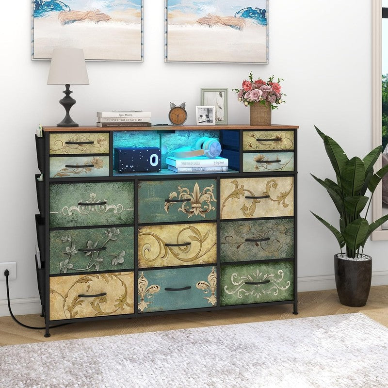 13 Drawer Retro Dresser TV Stand with Power Outlet LED Light Boho Storage Chest5