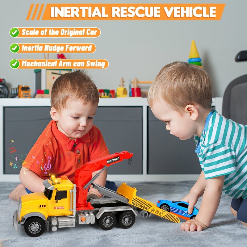 Kids Tow Truck Toys, 15" Large Toddler Car Toys, Transport Truck Crane with Road4