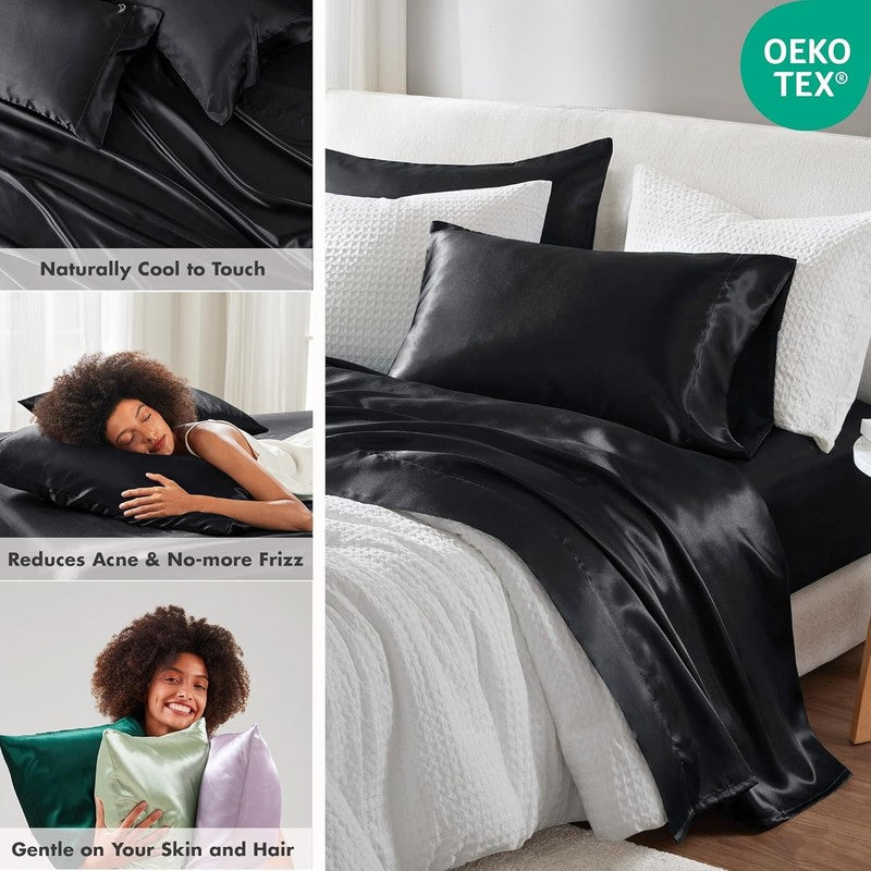 Luxury Satin Sheet Set, King Size, Black, 6 Pieces, Fits Up to 16" Mattress1